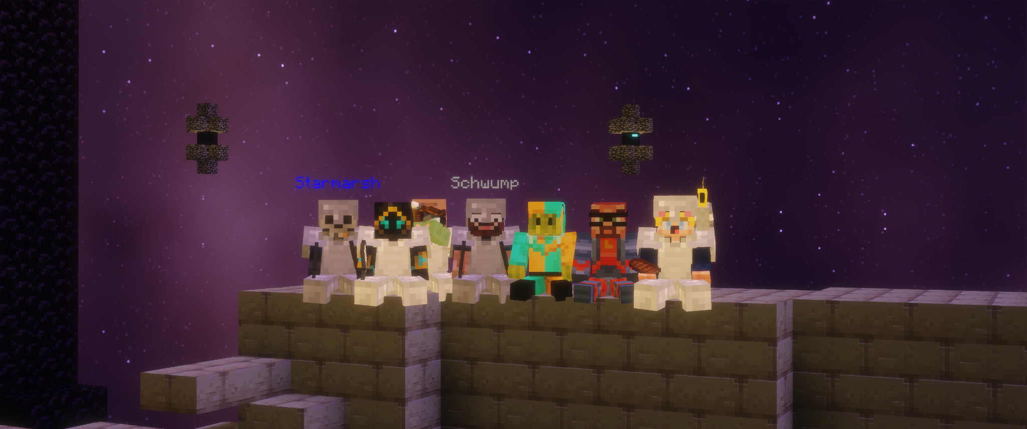 seven players sitting atop a wall in the end dimension, posing after killing the ender dragon